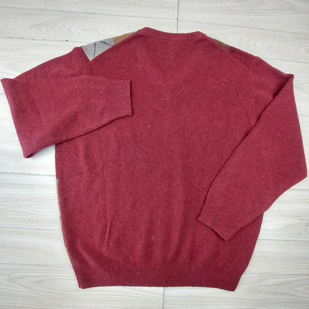 Jos. A. Bank Argyle Sweater Mens XL Burgundy Lambswool Blend V-Neck Executive